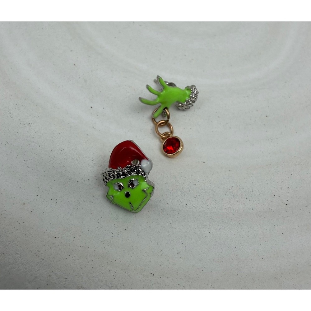 Grinch Christmas Mismatched Stud Earrings Green Red Rhinestone Dangle Holiday